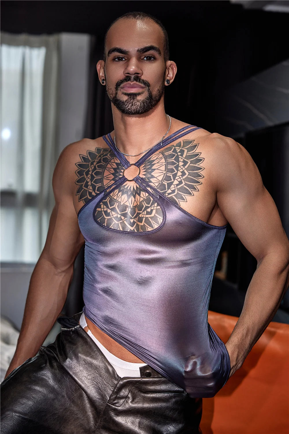 Sexy Men Oil Glossy Shiny Tank Tops Thin High Elastic Men Fashion Vest Shaper Wear Sleeveless T-shirts Allure Cross Tops