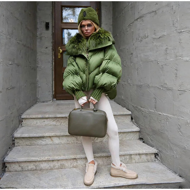 Chic Fur Collar Hooded Women's Cotton Jacket Solid Zipper Slim Waist Pocket Warm Thick Coat 2025 Autumn Winter Lady New Outwear