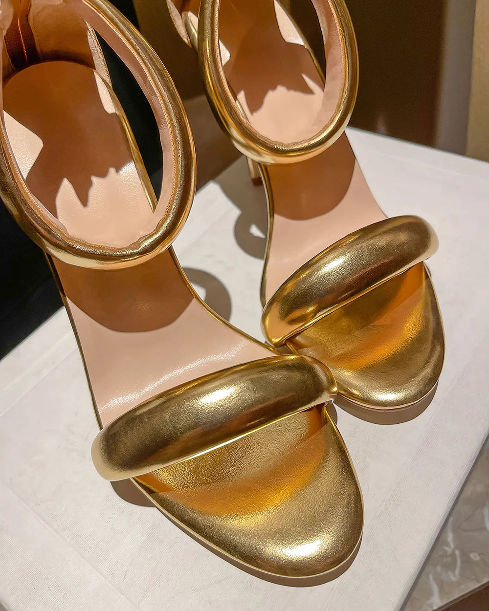 Sandals Women 2025 Concise Style One-strap Sandals for Girls Women Sexy Stiletto Heel Back Zip Cover Heels Summer Sandalias Gold