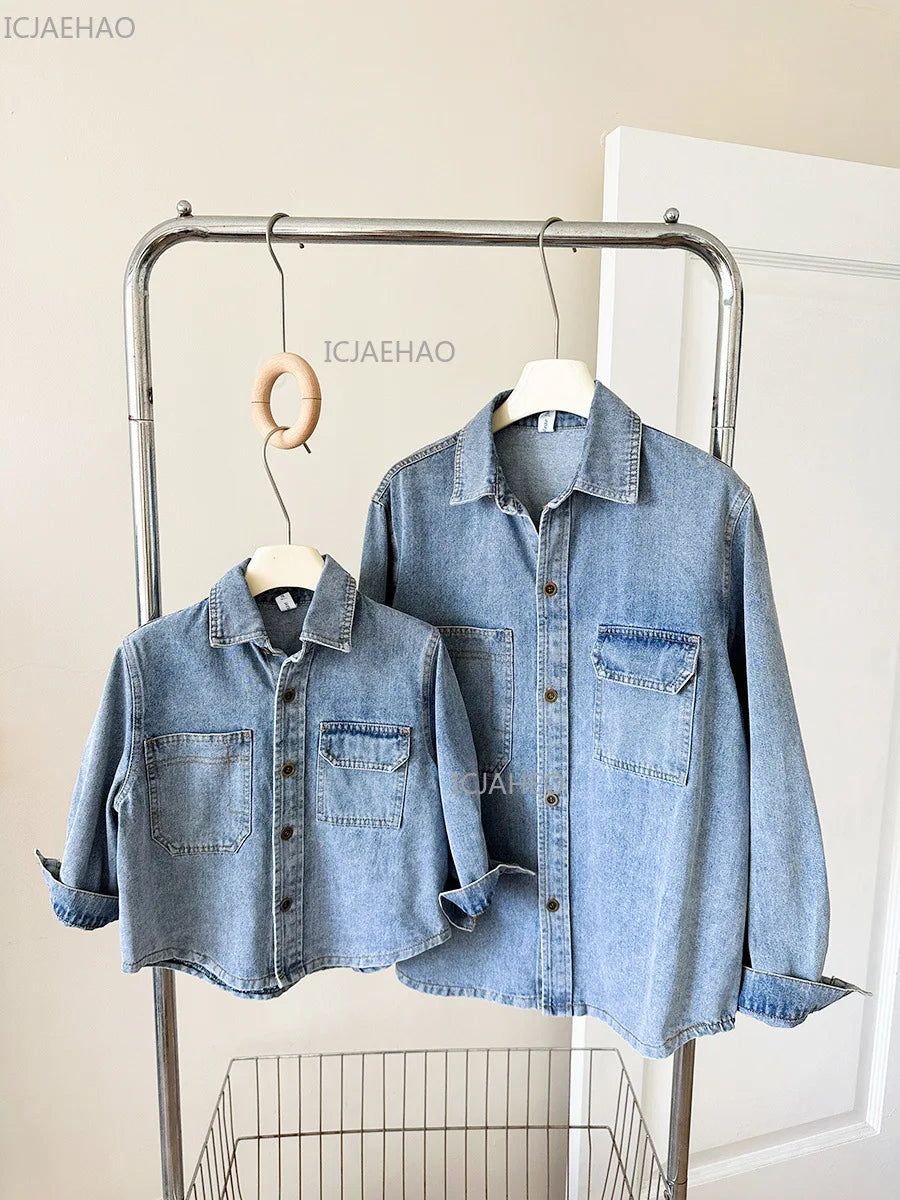 ‌2026 Mother-Child Mother and Son Daughter Matching Fashion Outfits Denim Jacket & Shirt Casual Kids and Adults Tops Autumn