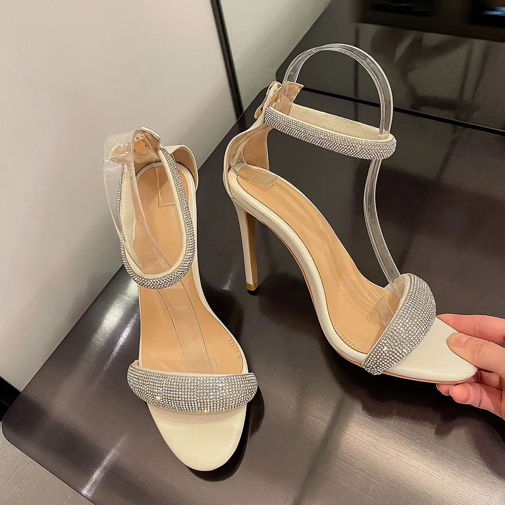Sandals Women 2025 Concise Style One-strap Sandals for Girls Women Sexy Stiletto Heel Back Zip Cover Heels Summer Sandalias Gold