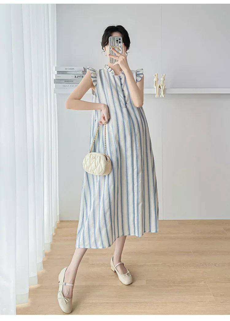 Maternity Clothes Spring Autumn Pregnancy Dresses Pregnant Women Lantern Sleeve High Waist V Neck  Clothing