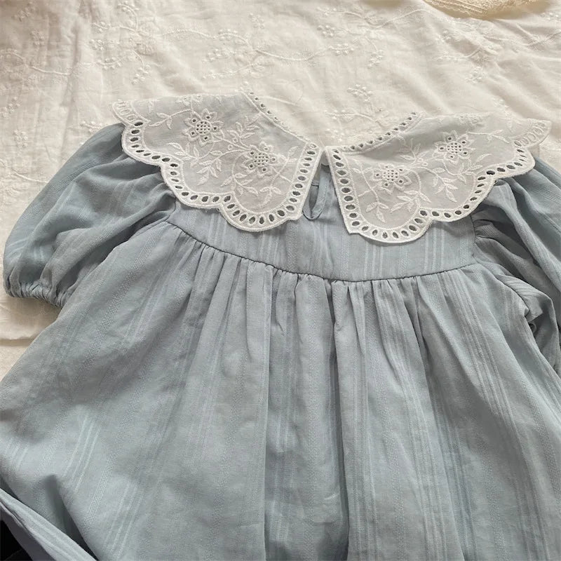 deer jonmi 2026 New Summer Baby Girls Princess Dresses Short Sleeve Korean Style Lace Collar Toddlers Kids Cotton Cute Dress