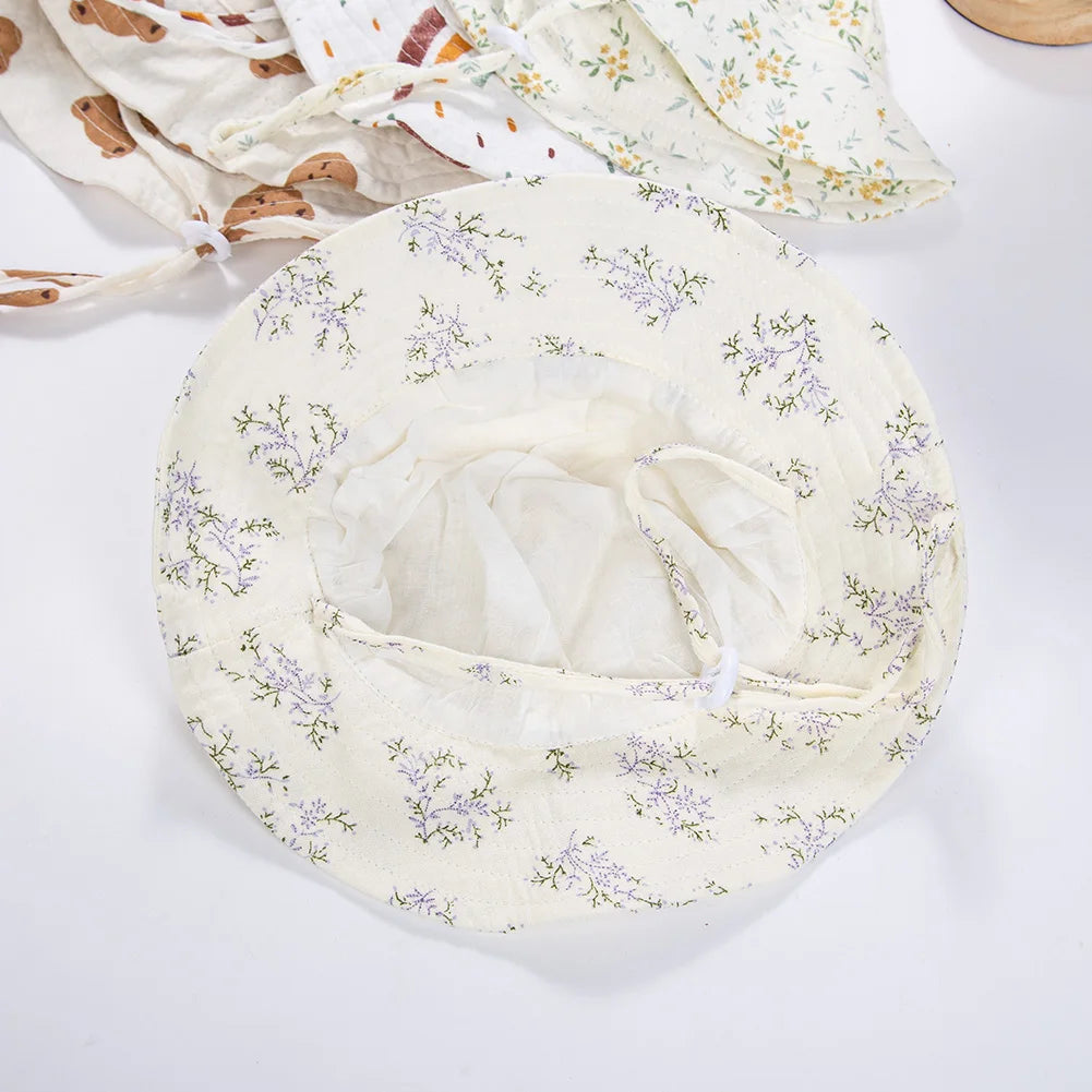 Floral Print Baby Bucket Hats Adjustable Solid Caps for Infant Boys Girls Sunscreen Outdoor Beanies Beach Fishing Headwraps