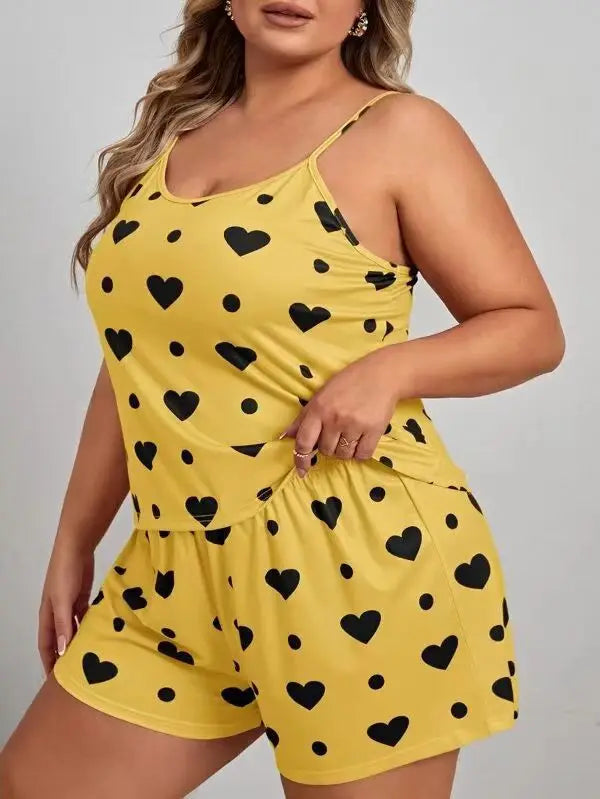 2026 Summer Women's Heart Print Pajama Set Sleeveless Elastic Waist Shorts 2 Pieces Female Sleepwear Nightwear XL-5XL Plus Size