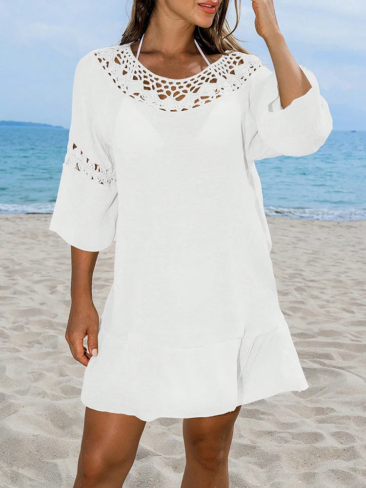 Sexy Hollow Out Beach Dress Women Hand Hook Stitching Crochet Swimsuit Cover Up Vestidos Female Bathing Suit Cover-Up Mini Dress
