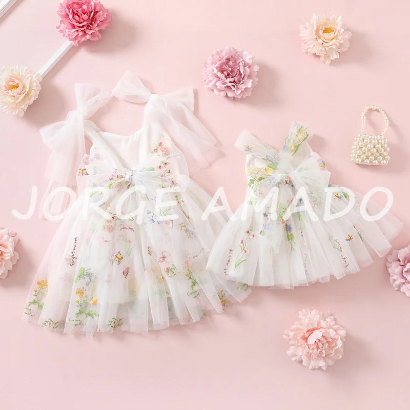 2026 Easter Kids Dress Girl Summer Dress Floral Bow Sleeveless Dance Performance Dress Girls Clothes E1236