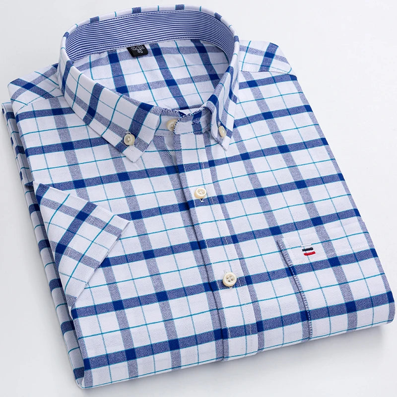 2026 100% Pure Cotton Men's Oxford Short Sleeve Square Collar Soild Plaid Striped Summer Casual Shirts Single Pocket  Shirt