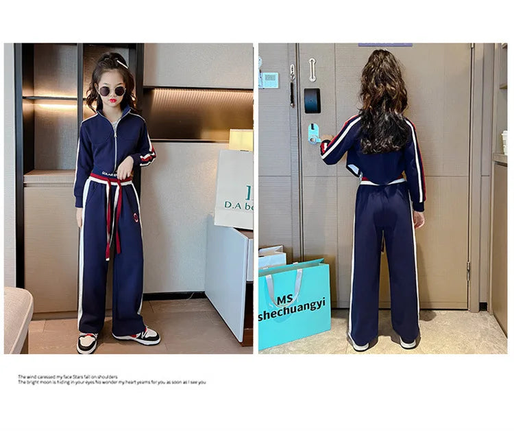 Childrens teenager girls Clothing Set Casual Sportwear Striped Short Top+Wide leg Pant 2pcs Girls Elastic Waist Trousers 4-15
