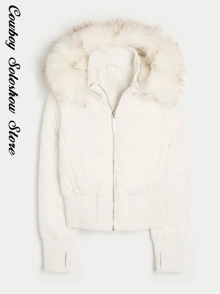 Chic Fur Collar Hooded Women's Cotton Jacket Solid Zipper Slim Waist Pocket Warm Thick Coat 2025 Autumn Winter Lady New Outwear