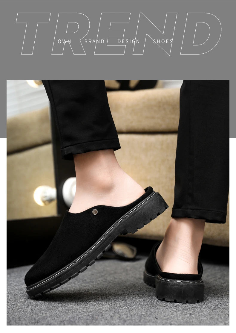 Black Men's Half Shoes Summer Casual Shoes Comfortable Suede Leather Shoes For Men Loafers Breathable Slip-on Shoes Man Slippers