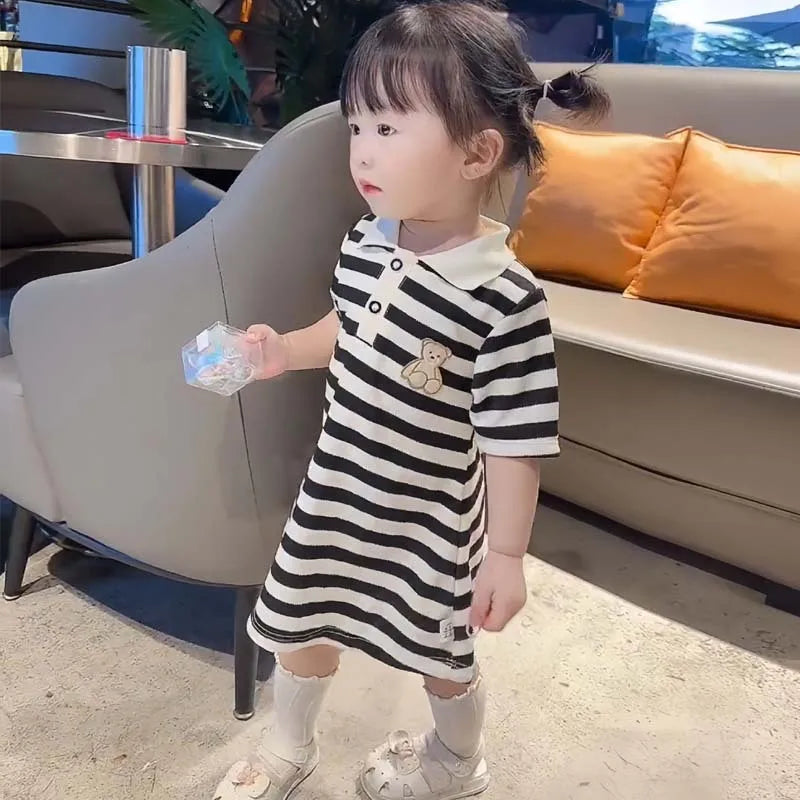 Girls Stripe Bear Polo Dress Summer Short Sleeve Flip Collar Baby Academy Style Trendy Dress Girls Aged 2-10