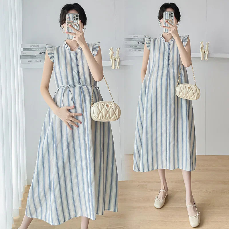 Maternity Clothes Spring Autumn Pregnancy Dresses Pregnant Women Lantern Sleeve High Waist V Neck  Clothing