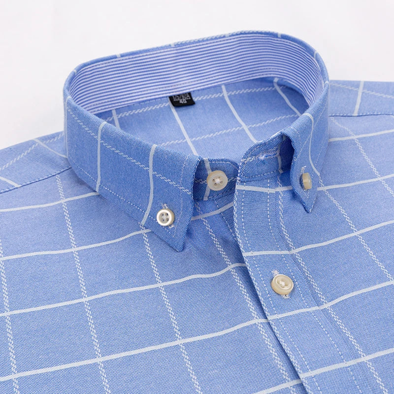 2026 100% Pure Cotton Men's Oxford Short Sleeve Square Collar Soild Plaid Striped Summer Casual Shirts Single Pocket  Shirt
