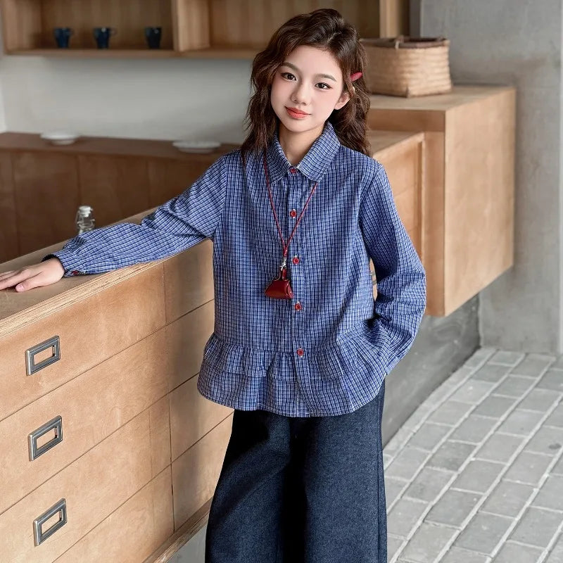 Girls Clothing Set Fashion Children Blue Plaid Loose Fit Sweet Doll Shirt +Cowboy Wide Leg Pants Two-piece Set Spring Autumn