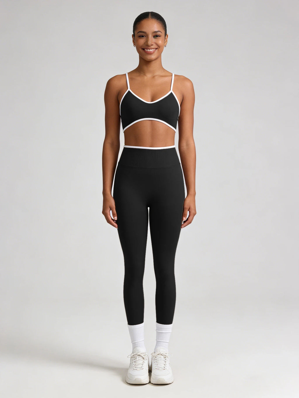 Women 2 Piece Yoga Set Black White Contrast Trim Thin Strap Sports Bra & High Waist Leggings Seamless Workout Gym Fitness Outfit