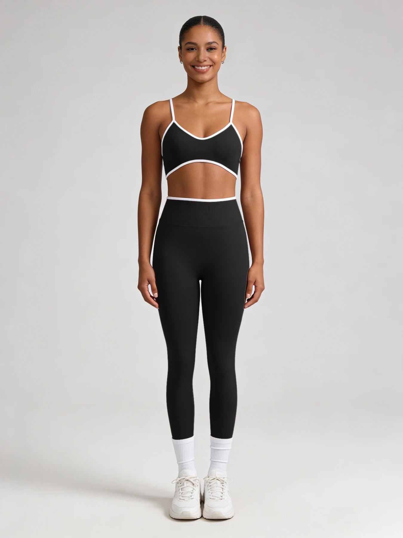 Women 2 Piece Yoga Set Black White Contrast Trim Thin Strap Sports Bra & High Waist Leggings Seamless Workout Gym Fitness Outfit