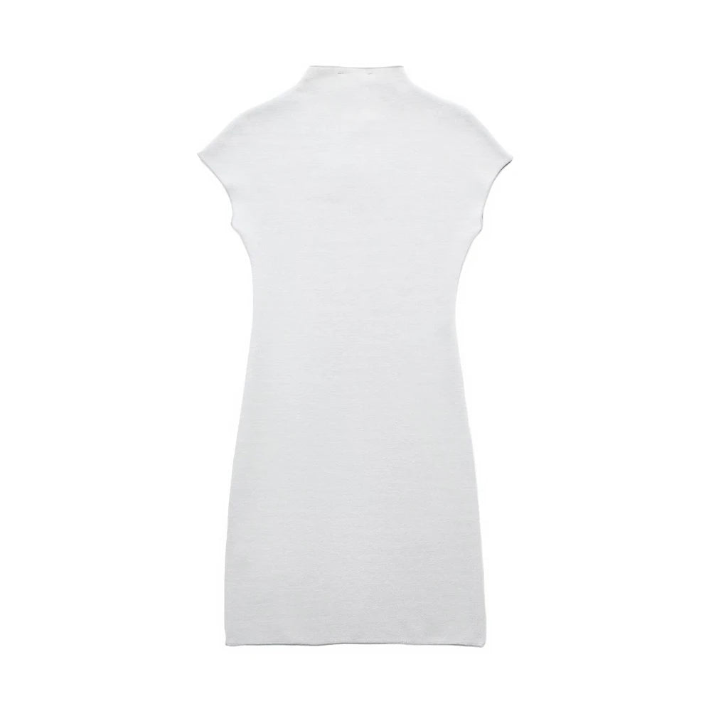 TRZA Women Fashion Stretch Knit Mini Dress Vintage High Neck Sleeveless Female Dresses Vestidos Mujer