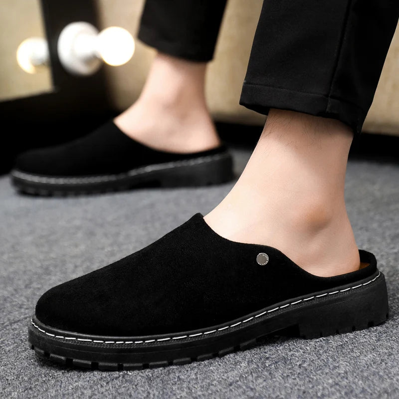 Black Men's Half Shoes Summer Casual Shoes Comfortable Suede Leather Shoes For Men Loafers Breathable Slip-on Shoes Man Slippers