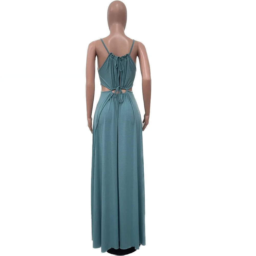 2025 Women's Dress Summer Holiday Solid Long Dresses Sexy Drawstring Lace Up Sleeveless Vestidos Para Mujer Club Party Outfits