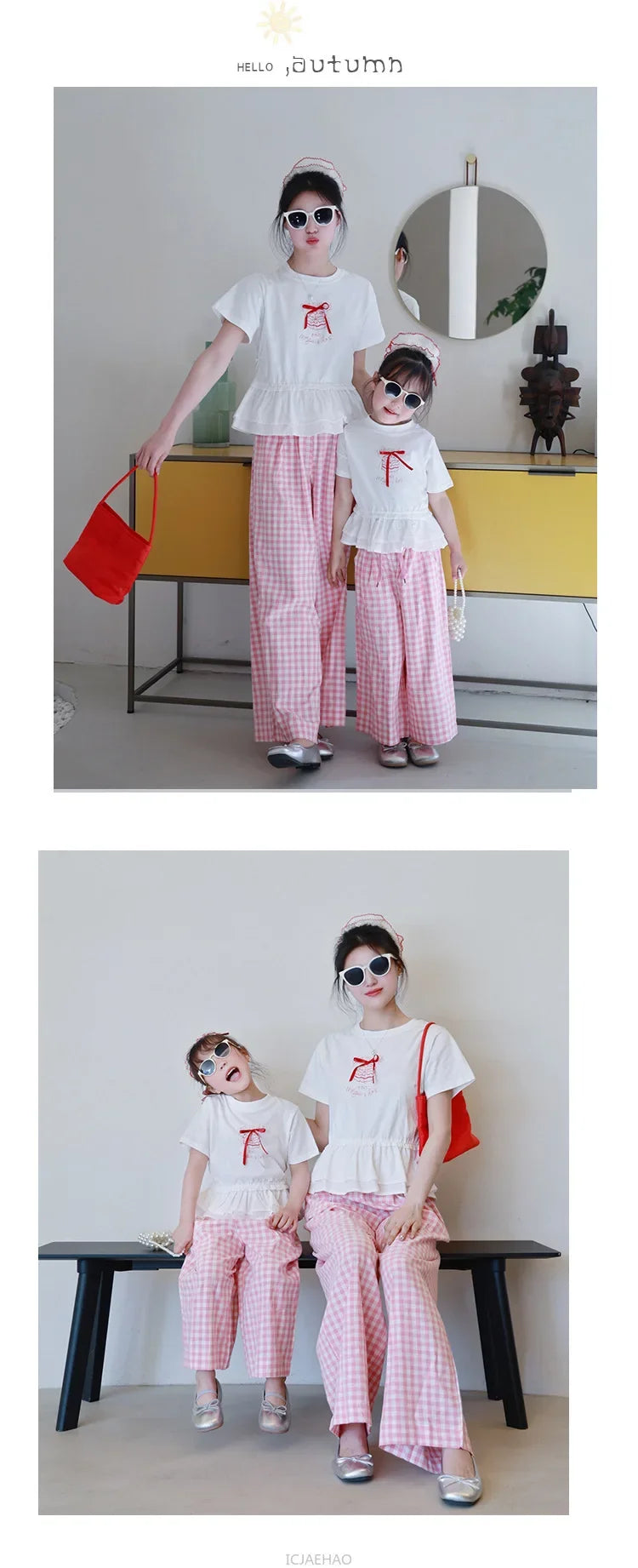 2025 Mother Daughter Matching Outfits Pink White Checkered Pants Tshirt Set Summer Casual Family Clothes Vacation Suits Mom