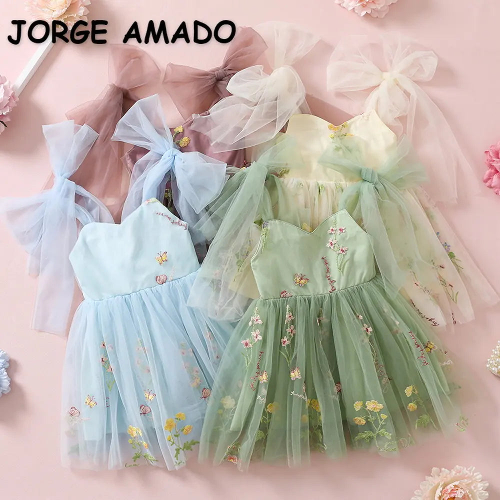 2026 Easter Kids Dress Girl Summer Dress Floral Bow Sleeveless Dance Performance Dress Girls Clothes E1236
