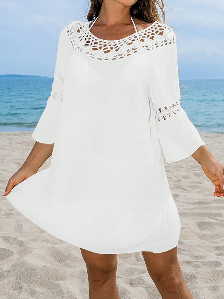 Sexy Hollow Out Beach Dress Women Hand Hook Stitching Crochet Swimsuit Cover Up Vestidos Female Bathing Suit Cover-Up Mini Dress