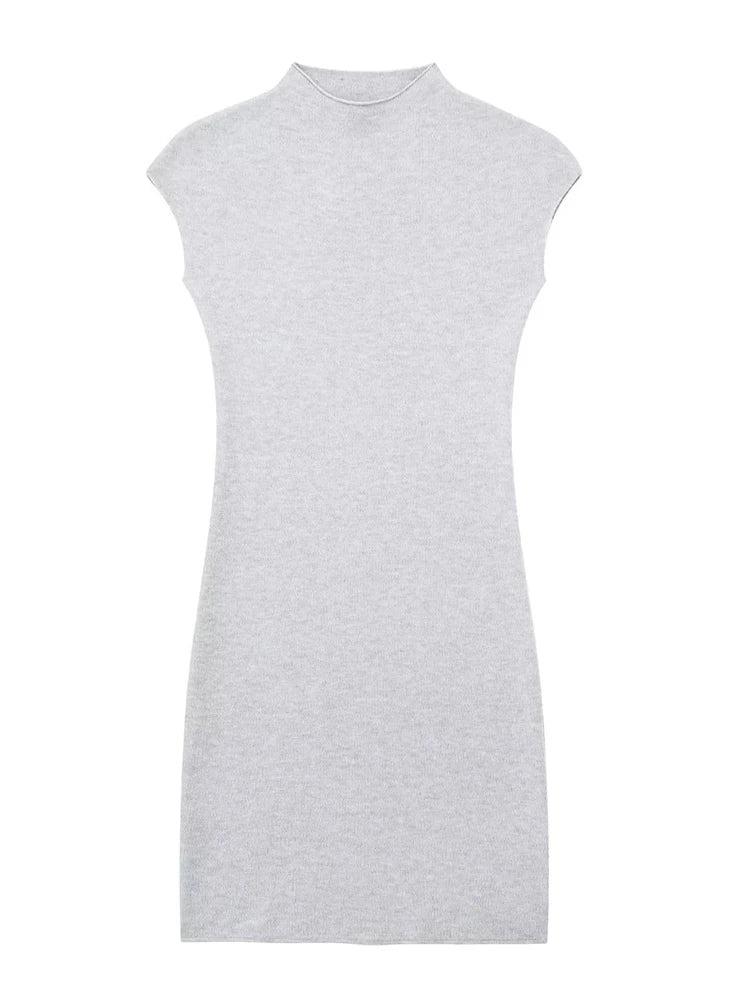 TRZA Women Fashion Stretch Knit Mini Dress Vintage High Neck Sleeveless Female Dresses Vestidos Mujer