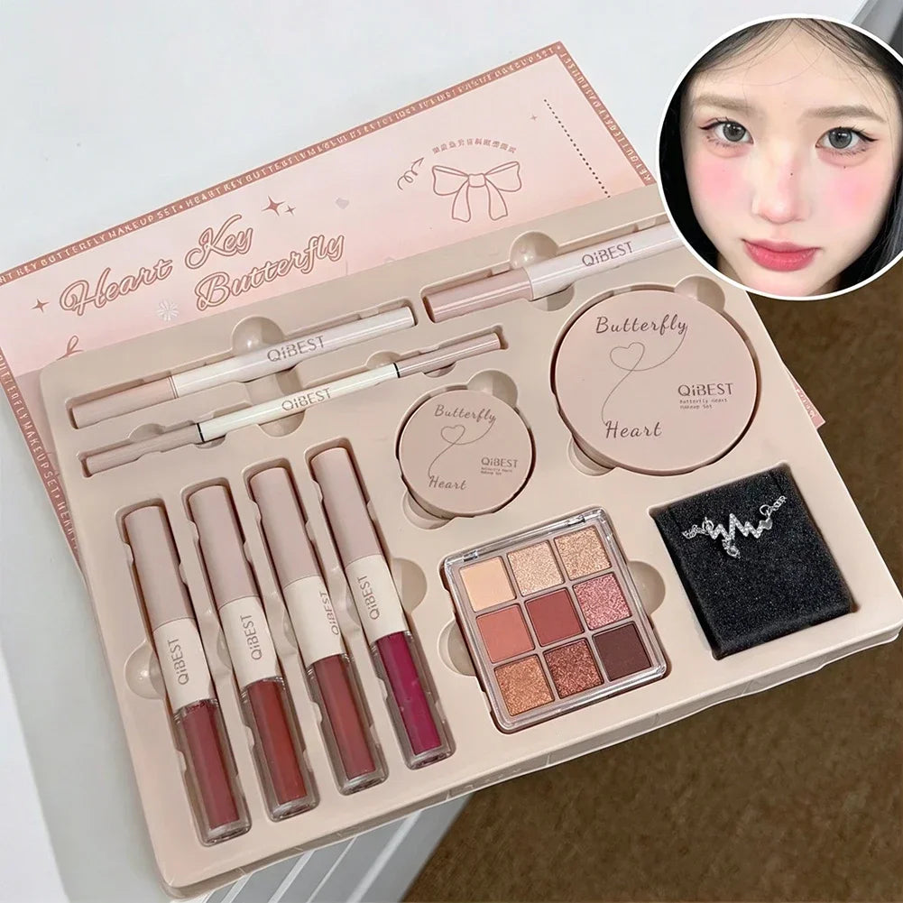 Marie Set de Maquillaje Facial de Regalo — Brillo Labial Doble Punta, Polvo Compacto, Rubor, Sombras, Lápiz de Cejas, Delineador y Aceite Labial