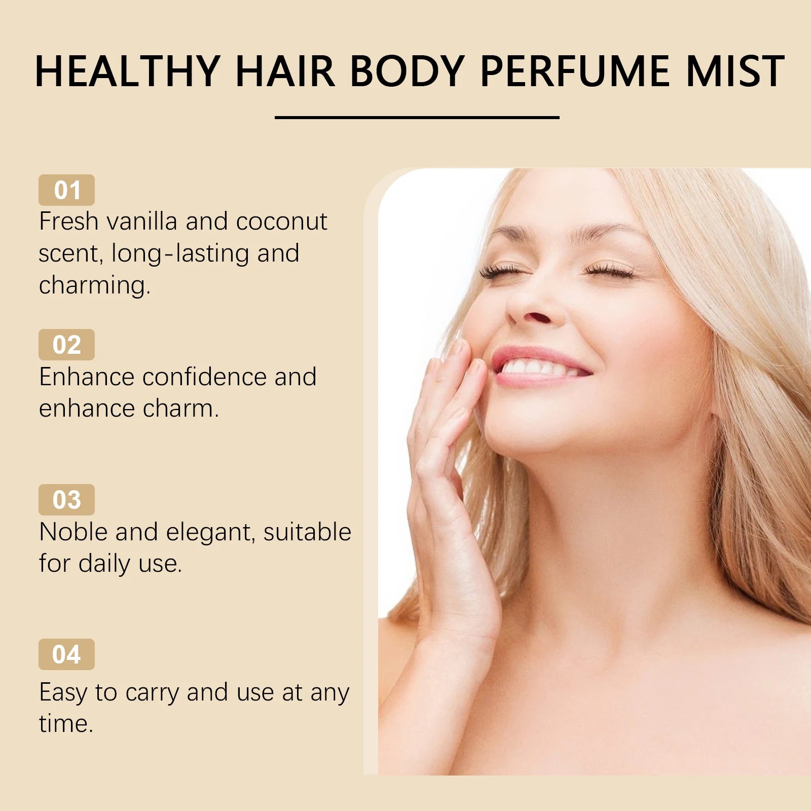 Vanilla Coconut Body Perfume Spray, long-lasting fragrance, exuding unique charm, fresh and romantic, portable perfume