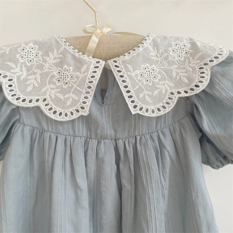deer jonmi 2026 New Summer Baby Girls Princess Dresses Short Sleeve Korean Style Lace Collar Toddlers Kids Cotton Cute Dress