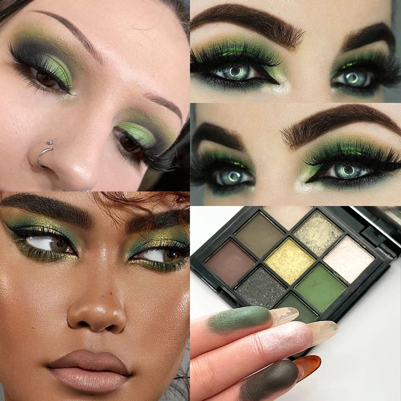 9 Color Eyeshadow Palette Olive Green Smoky Eye Look Pearlescent Shimmer Matte Eyeshadow Powder Makeup Palette Glitter Cosmetics