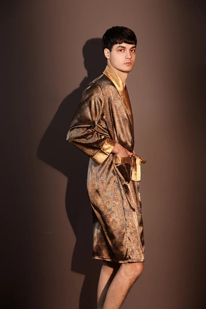 Pajama Men's Robe Kimono Gown Bathrobe with Pockets Print Sleepwear Home Clothing Spring Autumn Satin Nightwear Loose Loungewear