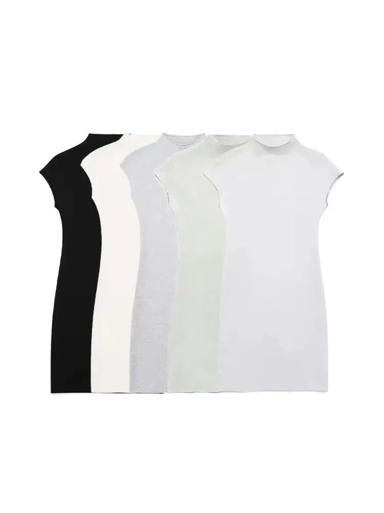 TRZA Women Fashion Stretch Knit Mini Dress Vintage High Neck Sleeveless Female Dresses Vestidos Mujer