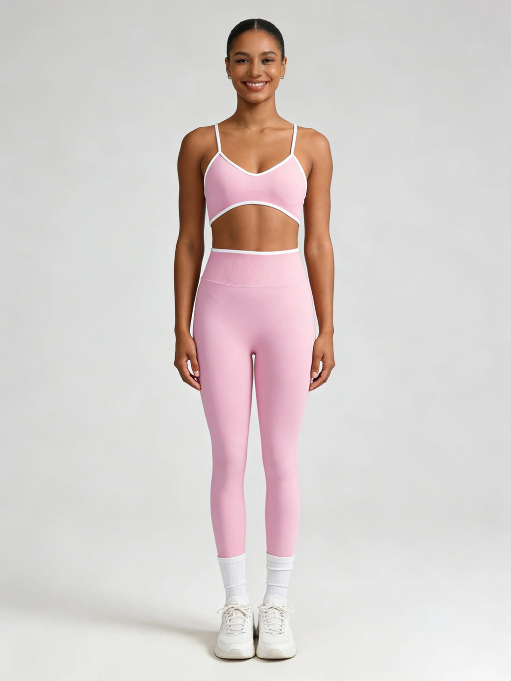 Women 2 Piece Yoga Set Black White Contrast Trim Thin Strap Sports Bra & High Waist Leggings Seamless Workout Gym Fitness Outfit