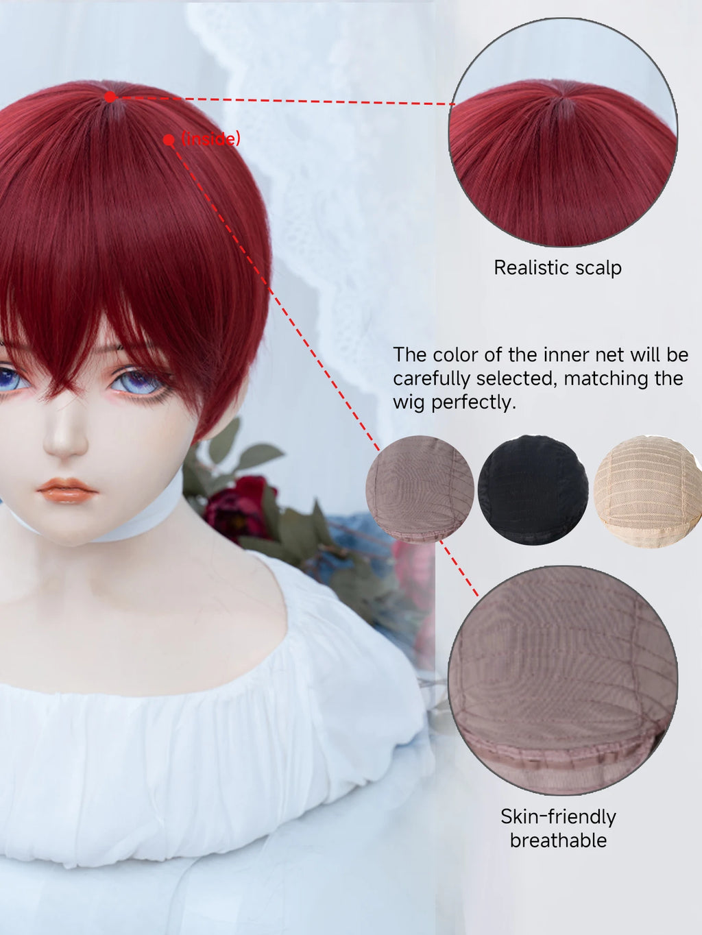 8Inch Wine Red Color Handsome Synthetic Wigs With Bangs Short Straight Hair For Man or Women Daily Use Cosplay Heat Resistant