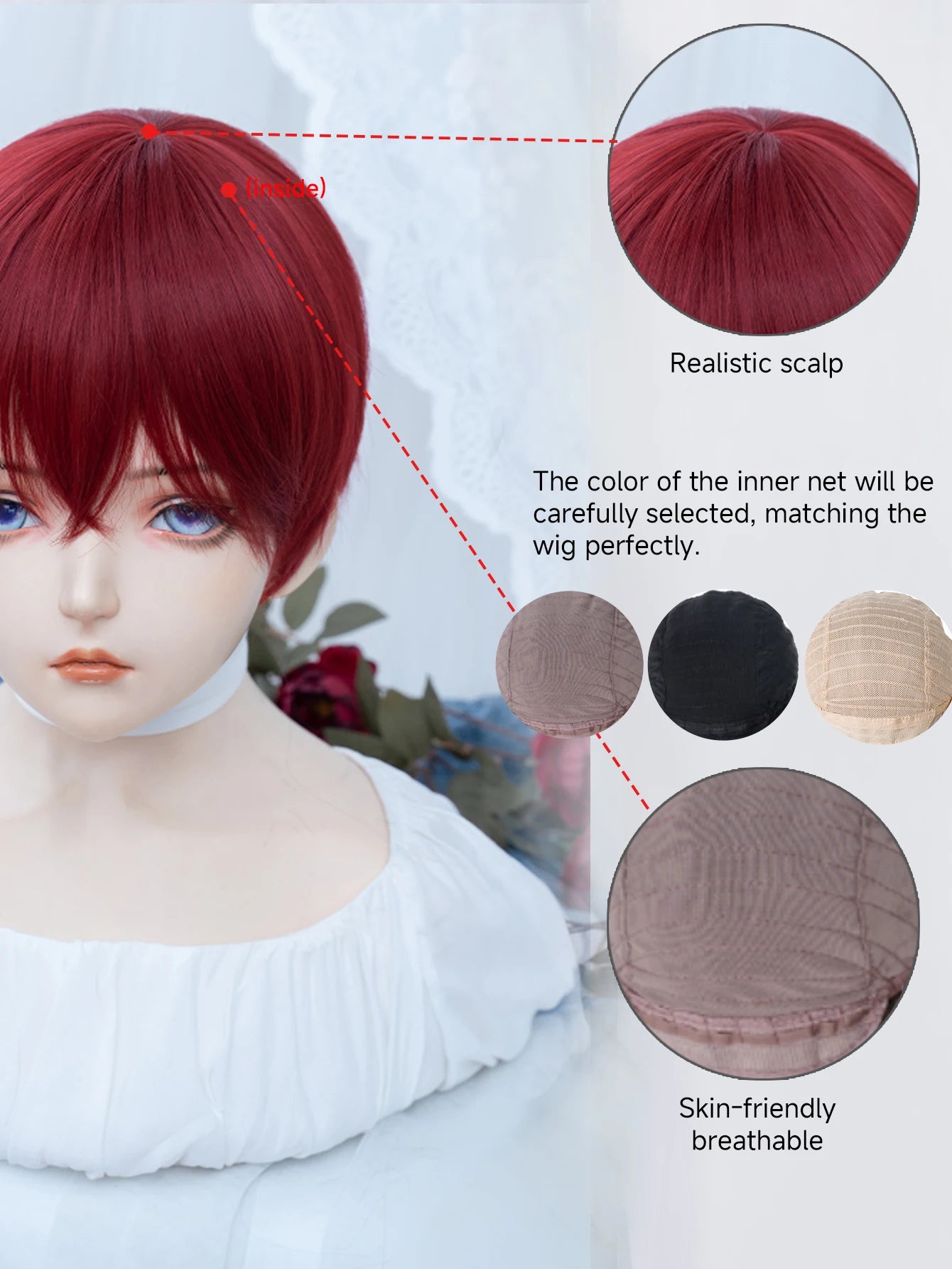 8Inch Wine Red Color Handsome Synthetic Wigs With Bangs Short Straight Hair For Man or Women Daily Use Cosplay Heat Resistant