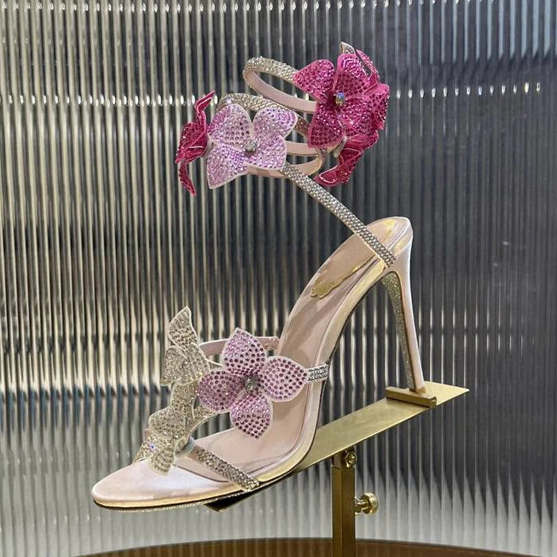 Sandalias Women Rhinestone Flower Decor Dress Shoes Snake Shaped Elastic Strap Thin High Heels Sandals Summer Bridesmaid Shoes