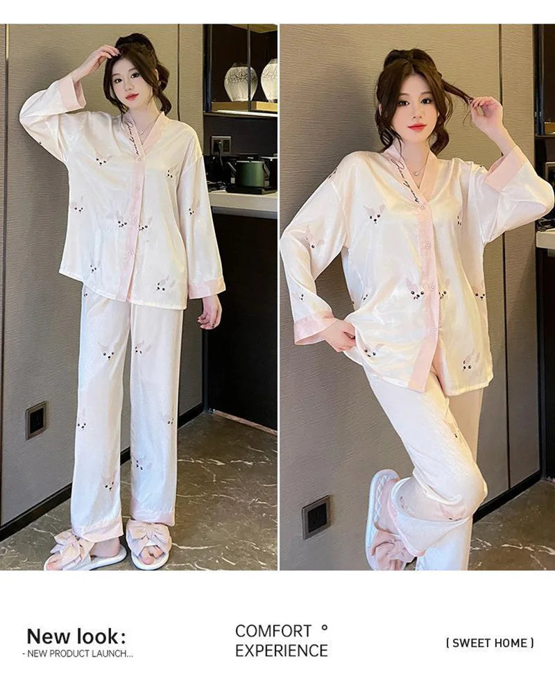 Maternity 2-Piece Set of Ice Silk Pajamas Comfortable Silk Long-Sleeved Trousers Herringbone Pattern Jacquard Silk Loungewear
