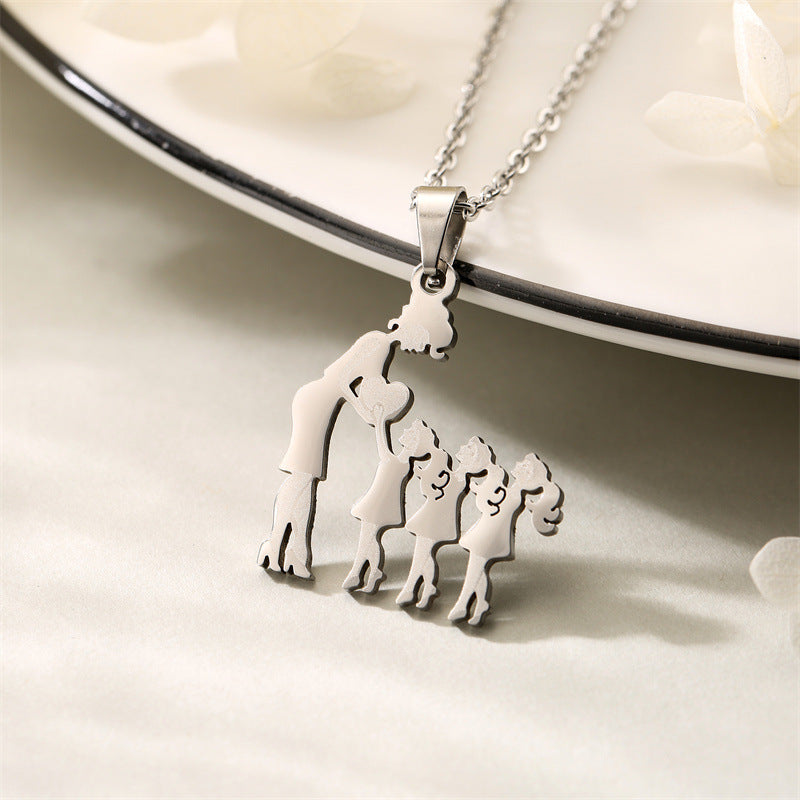 Mom and Father Daughter Sun Family Necklace Stainless Steel Chain Children Silver Color Pendant Jewelry Women Mother's Day Gift
