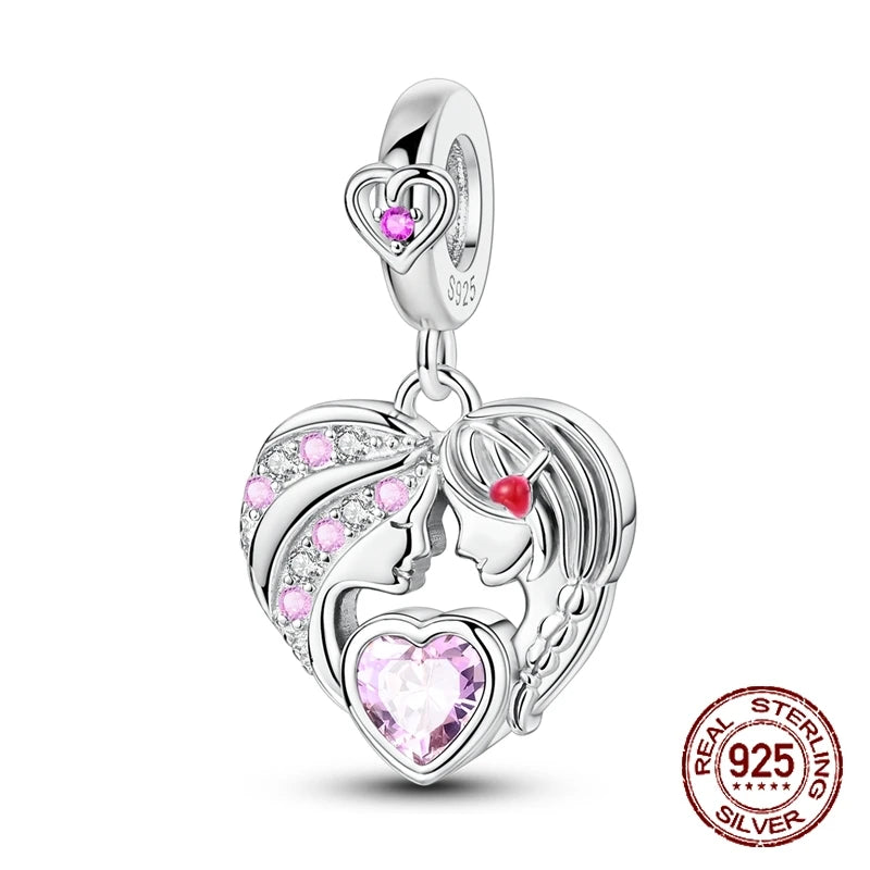 Mother Daughter Love Charms 925 Sterling Silver Family Dangle Pendant Fit Bangle Bracelet Necklace DIY Jewelry