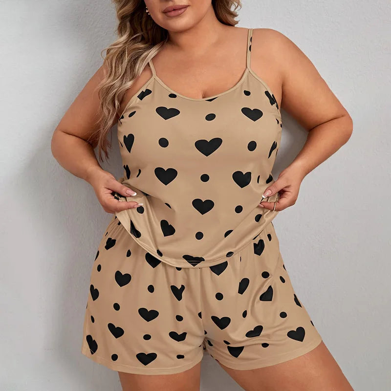 2026 Summer Women's Heart Print Pajama Set Sleeveless Elastic Waist Shorts 2 Pieces Female Sleepwear Nightwear XL-5XL Plus Size