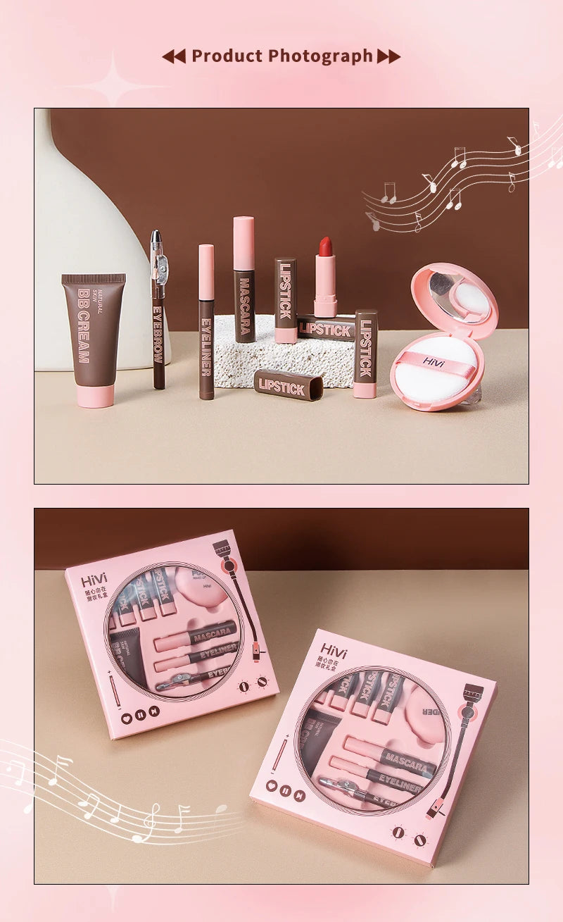 Marie Set de Maquillaje Navideño para Mujer — 9 Labiales, Polvo Compacto, BB Cream, Lápiz de Cejas, Máscara y Delineador para Mujeres y Niñas