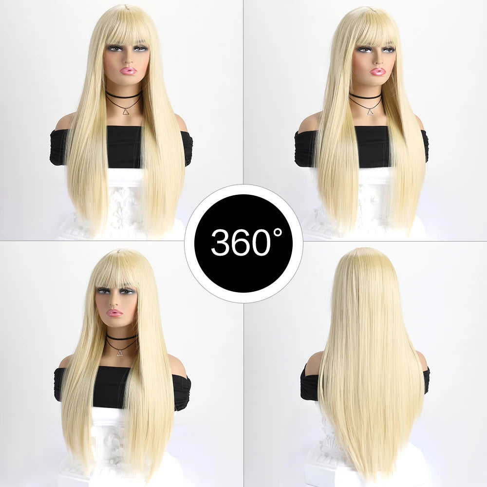 Wig with Bangs for Women  Long Straight Heat Resistant Synthetic Wig for Daily Use, Party, Halloween, Cosplay 26 Inch Wig for