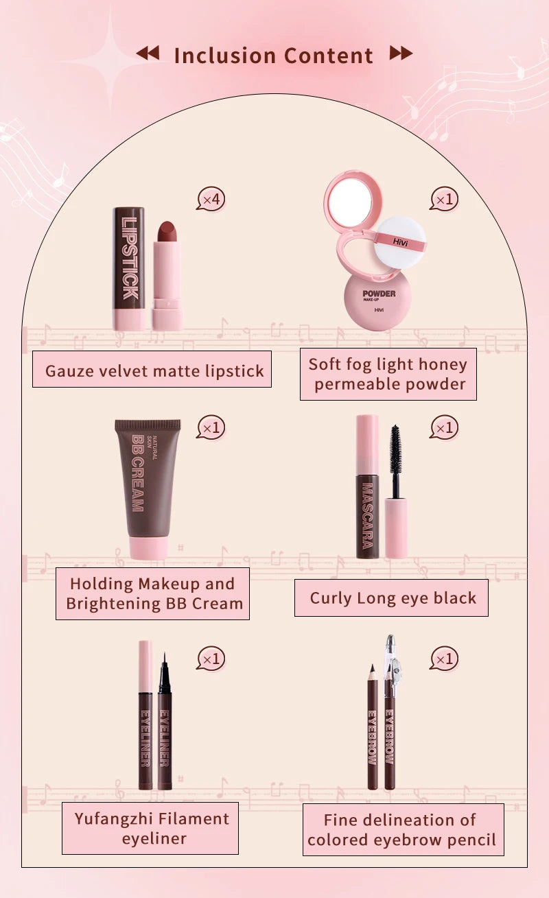 Marie Set de Maquillaje Navideño para Mujer — 9 Labiales, Polvo Compacto, BB Cream, Lápiz de Cejas, Máscara y Delineador para Mujeres y Niñas