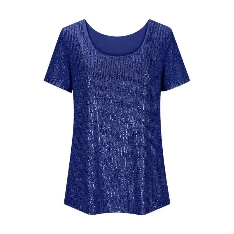 Tops Color for Women Glitter Short Sleeve Shirts Trendy Fashion Crewneck Top Loose Fit Glitter Shirts F3MD