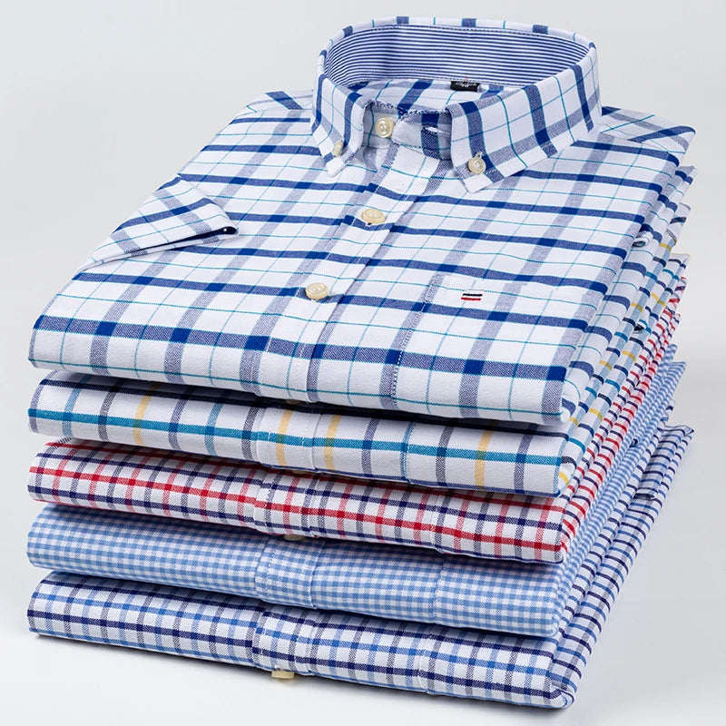 2026 100% Pure Cotton Men's Oxford Short Sleeve Square Collar Soild Plaid Striped Summer Casual Shirts Single Pocket  Shirt