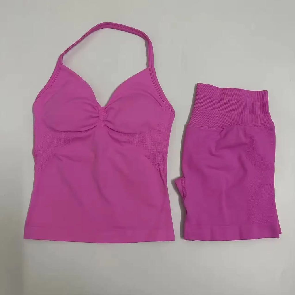 Workout Set 2 Pieces Sports Set Women Backless Tank Tops High Waist Scrunch Seamless Shorts Sport Suit Gym Set Sportswear