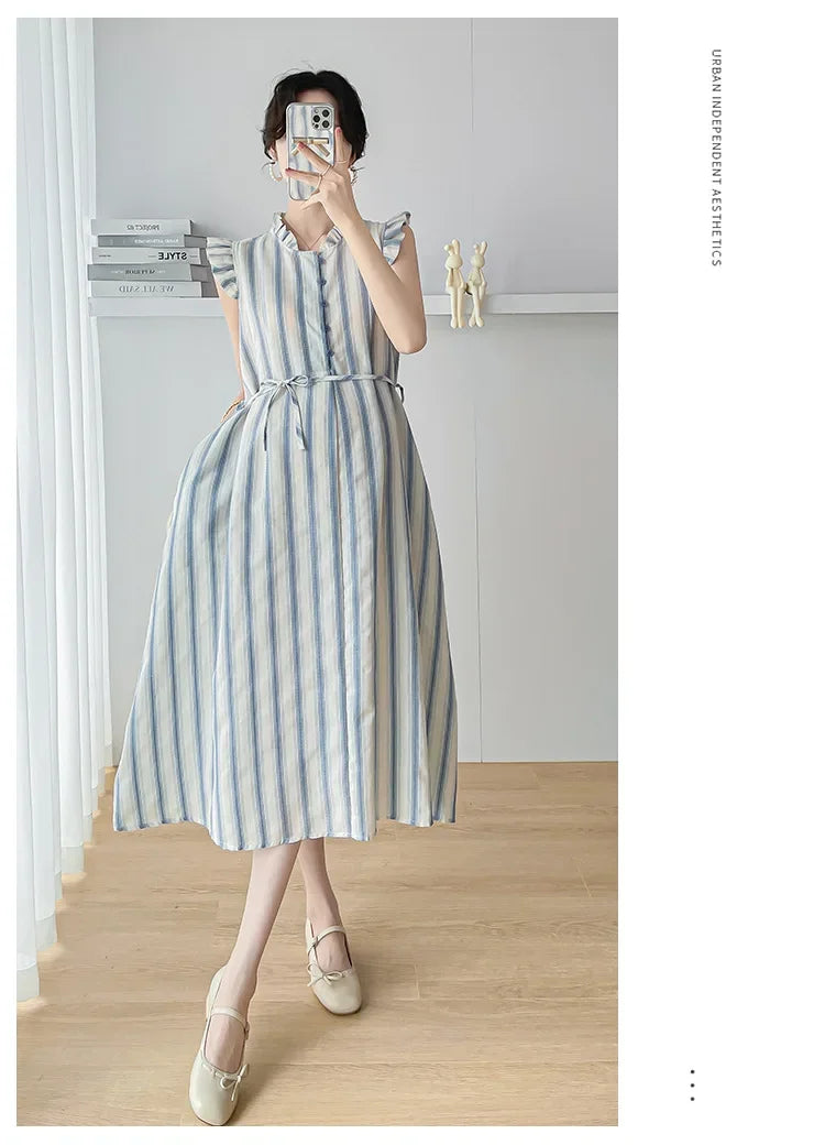 Maternity Clothes Spring Autumn Pregnancy Dresses Pregnant Women Lantern Sleeve High Waist V Neck  Clothing