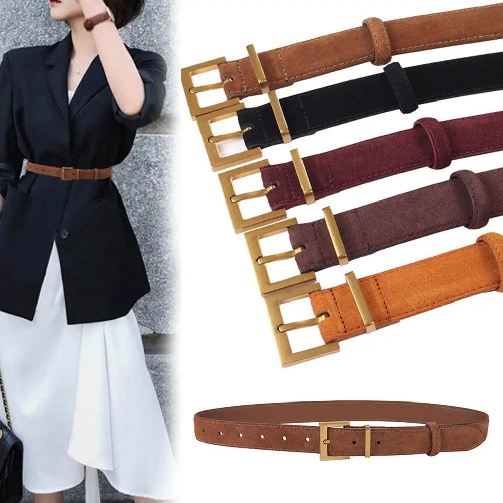 Women Belt Suede Cowhide Genuine Leather Belt 2.8cm Wide Fashion Belts With Metal Buckle Matched For Jeans Dresses Waistband